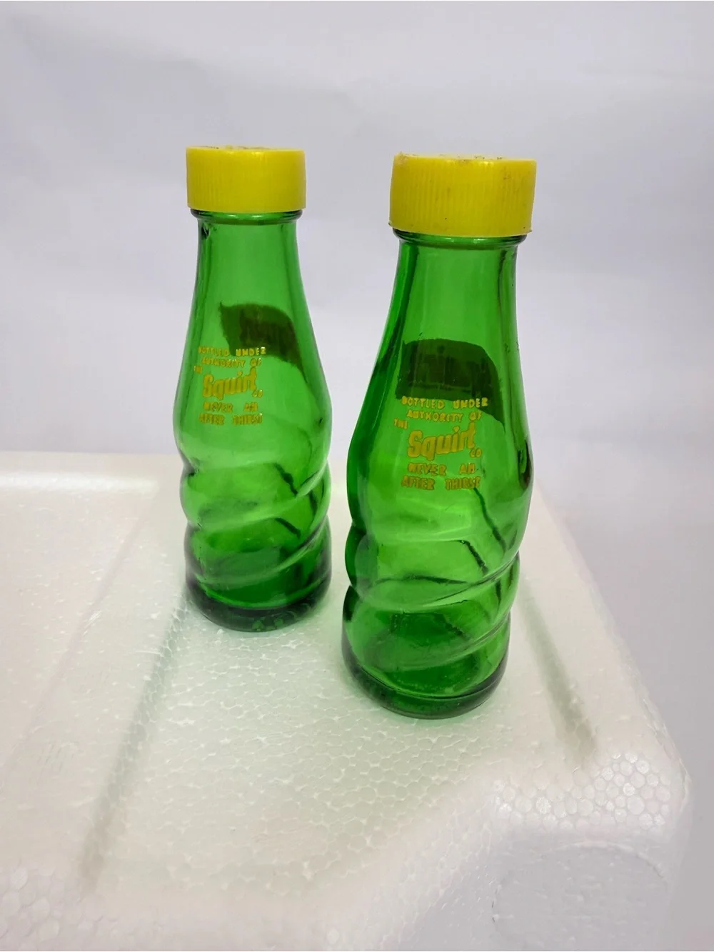 Vintage Squirt Soda Salt & Pepper Shakers Glass With Plastic Top Damaged Box